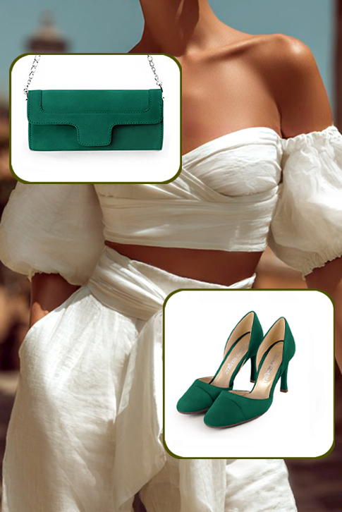 Dress pumps open arch in emerald green leather with high slim heels and round toe - Worn view